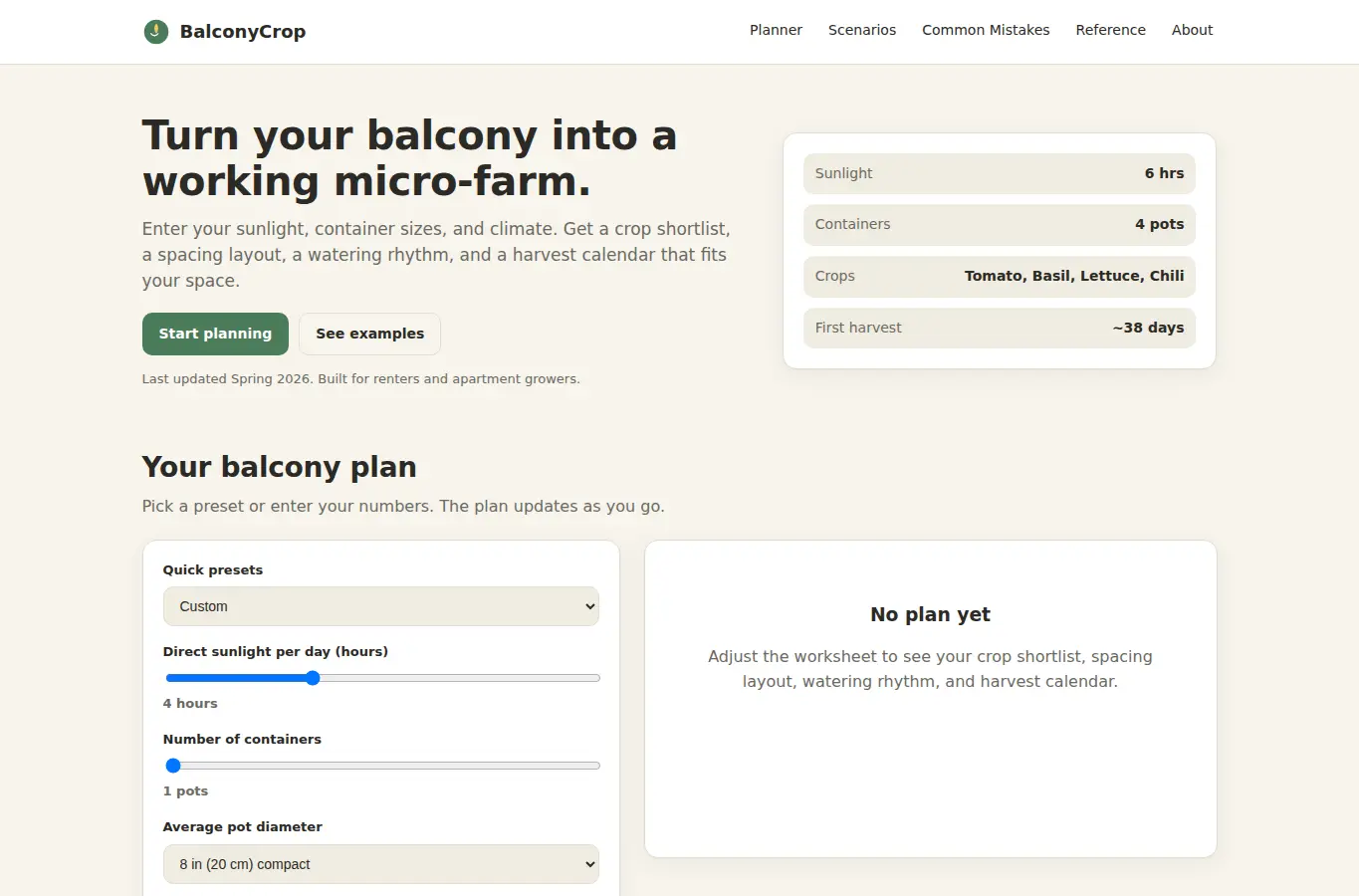 Screenshot of BalconyCrop: Apartment Balcony Micro-Farm Planner interface showing the project page in use